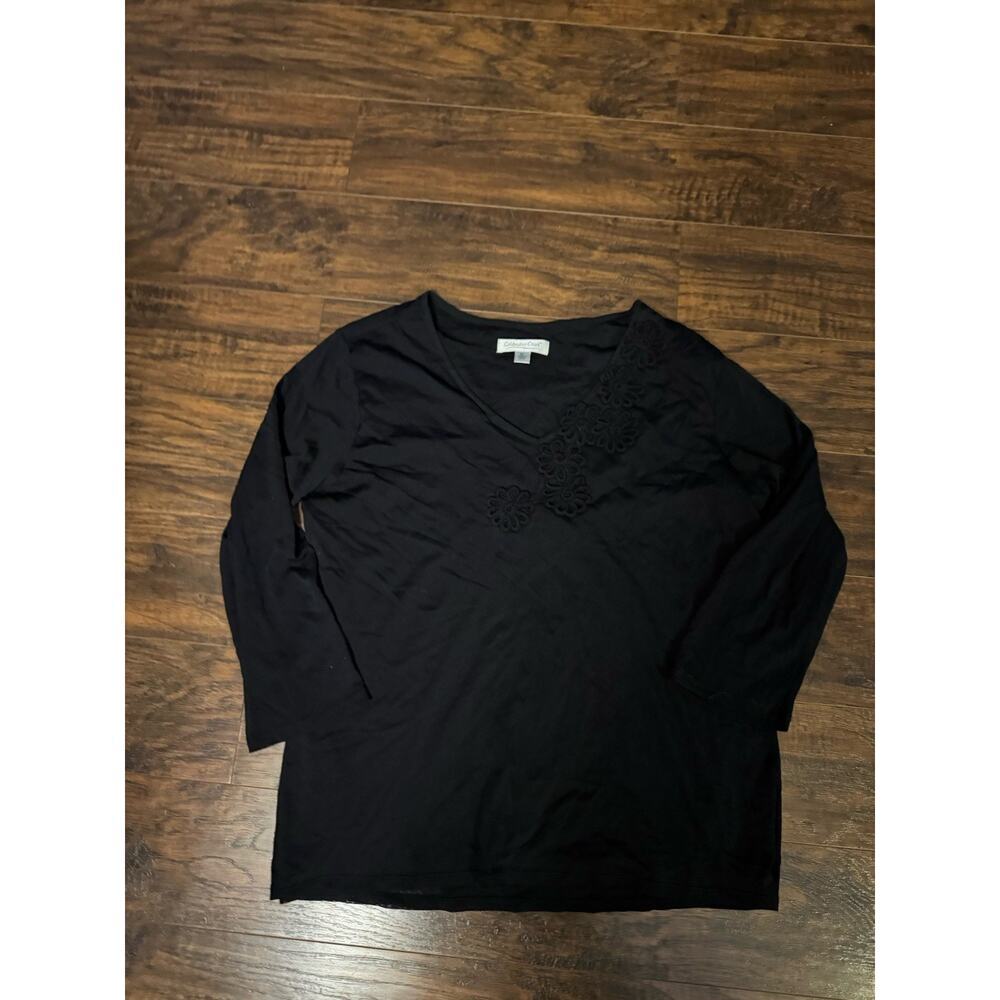 Coldwater Creek Womens Shirt Solid Black 3/4 Sleeve V Neck Sz:XL